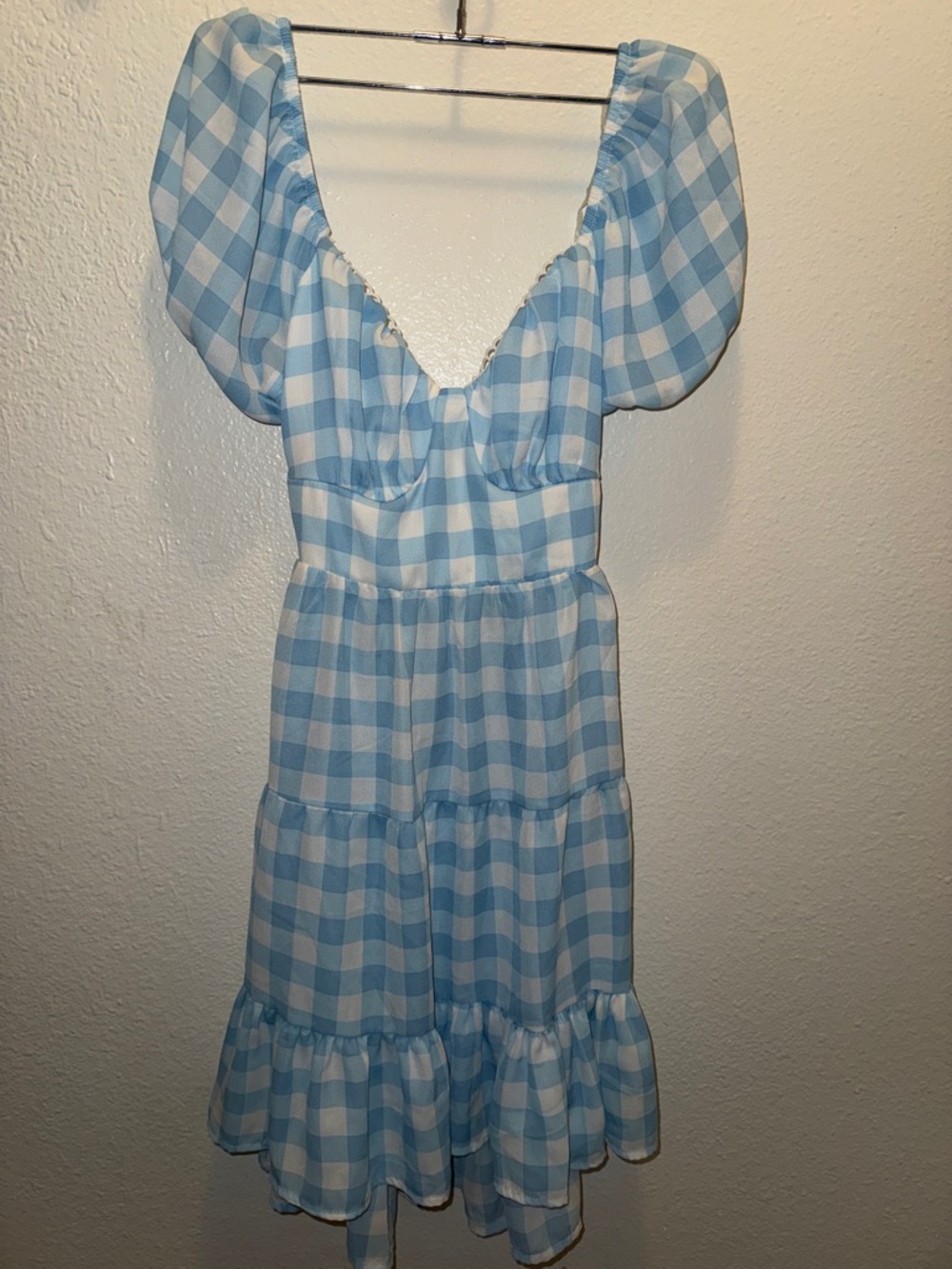 Blue & White Gingham Tie-Front Puff Sleeve Dress